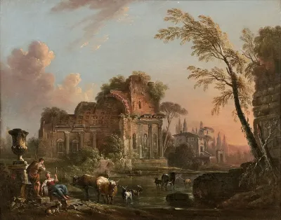 Bergers Pres De Ruines Antiques Dans Un Paysage