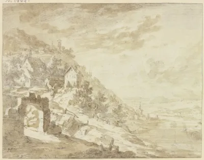 Berghang An Einem Fluss Mit Den Hausern Eines Dorfes Im Vordergrund Ein Steintor