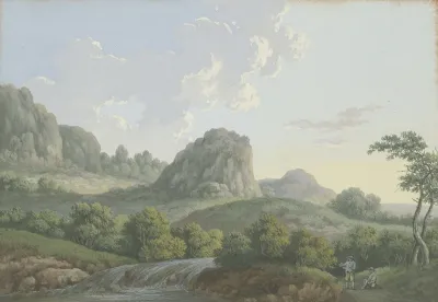 Bergige Landschaft Mit Einem Hohen Felsen Im Mittelgrund Zwei Manner Bei Einem Waldbach Rastend