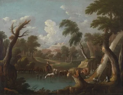 Bergige Landschaft Mit Trinkendem Vieh