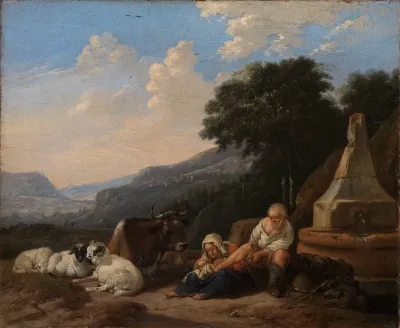Berglandschaft Mit Hirten Am Brunnen