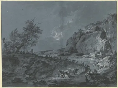 Bergweg Am Fus Von Felsen An Der Biegung Durch Einen Lattenzaun Begrenzt Iim Vordergrund Hirten Rinder Und Schafe