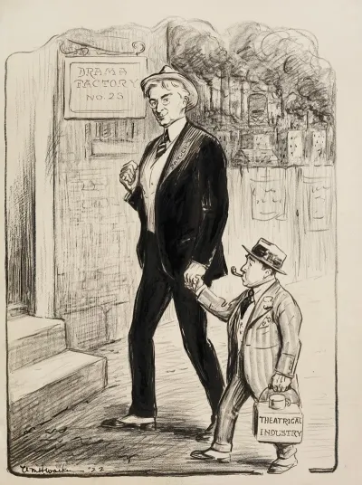 Bernard Baruch Leads A Small Man Representing The Theatrical Industry By The Hand To A Building Labeled Drama Factory No 25