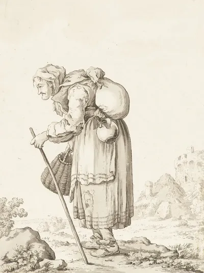 Bettlerin Alte Gebuckte Bettlerin Mit Kleinem Bundel Auf Dem Rucken