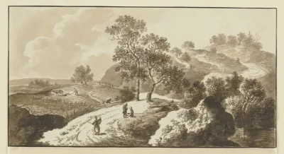 Bewaldete Anhohe Hinter Einem Acker Staffagefiguren Auf Dem Weg Und Dem Feld