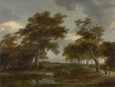 Bewaldete Flusslandschaft Mit Figuren Auf Einem Weg