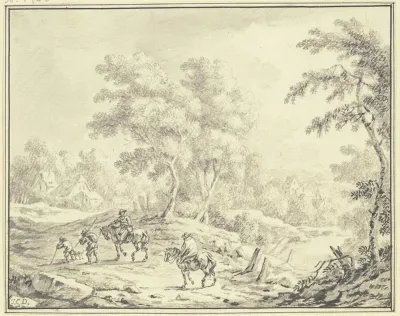 Bewaldete Hugelige Landschaft In Der Mitte Eine Baumgruppe Hinter Der Hauser Liegen Im Vordergrund Ein Mann Und Eine Frau Zu Pferde Mit Zwei Begleitern Zu Fus