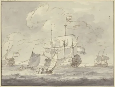 Bewegte See Drei Grose Schiffe Und Zwei Boote Nach Rechts Segelnd