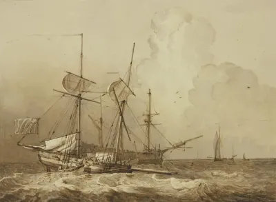 Bewegte See Ein Zweimastiges Schiff Segelt Nach Rechts An Einem Dreimaster Vorbei Der Die Segel Eingerefft Hat