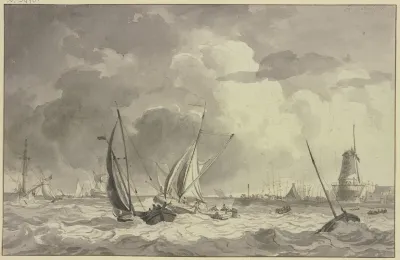Bewegte See Mit Vielen Schiffen Rechts Der Hafen Mit Einer Windmuhle Und Einer Grosen Kanone