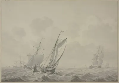 Bewegte See Mit Vielen Schiffen Vorne Eine Barke Mit Vier Mann Nach Rechts Segelnd