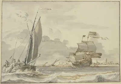 Bewegte See Nach Rechts Segelndes Schiff Links Eine Barke Mit Vier Mann Im Hintergrund Eine Stadt
