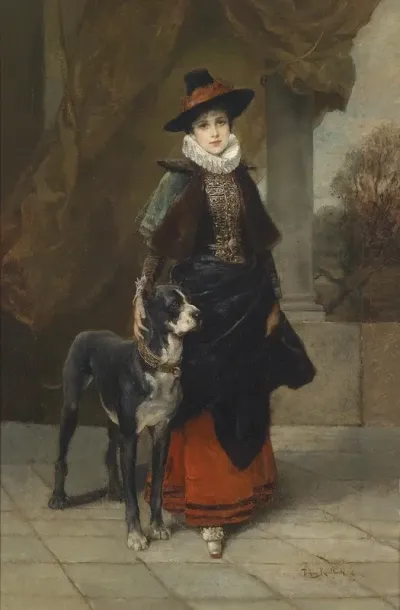Bildnis Einer Dame Im Historisierenden Kostum Mit Dogge