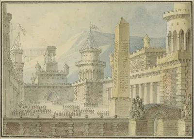 Binnenplaats Van Een Versterkt Kasteel Met Obelisk Troepen In Het Gelid