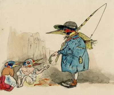 Bird Brings A Fish To His Off Spring Satirical Print