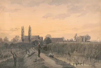 Bird Hunting Party On A Levee With Marsh Grasses Along The Shore