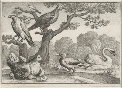 Birds By A River A Swan And Duck A Chicken With A Brood Of Chicks Another Fowl And Two More Birds In A Tree