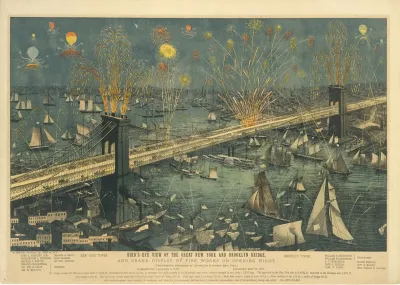 Birds Eye View Of The Great New York And Brooklyn Bridge And Grand Display Of Fireworks On Opening Night May 24 1883