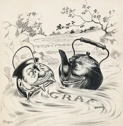 Black Kettle Labeled Albany Legislature And Black Pot Labeled Insurance Corruption Floating Down Stream Of Graft Together