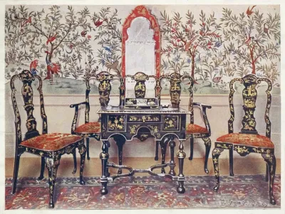 Black Lacquer Settee Chairs And Table Red Lacquer Mirror