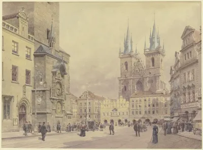 Blick Auf Die Teynkirche Und Die Mariensaule Am Altstadter Ring Zu Prag