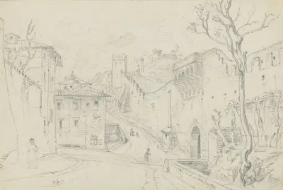 Blick Auf Eine Breite Einen Hang Hinauffuhrende Strase In Italien Links Von Hausern Rechts Von Der Stadtmauer Begrenzt
