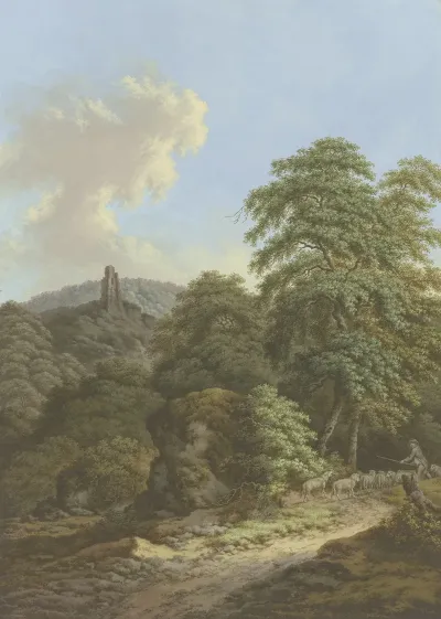Blick Auf Eine Burgruine Im Vordergrund Ein Schafer Mit Herde