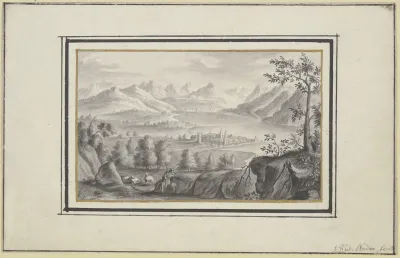 Blick Auf Einen See Zwischen Hohen Bergen Und Eine Stadt Auf Einer Landzunge Im Vordergrund Ein Hirte Mit Schafen