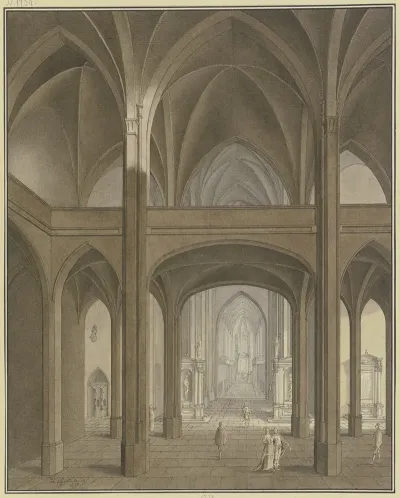 Blick Auf Lettner Und Chor Einer Gotischen Kirche Mit Renaissance Altaren Und Staffagefiguren Im Kostum Des 17 Jahrhunderts