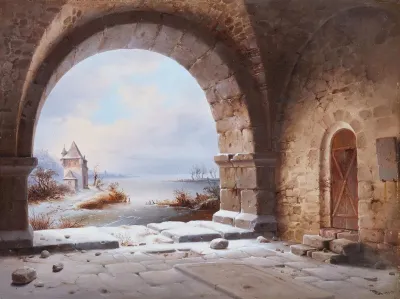 Blick Aus Einem Kloster Auf Eine Winterlandschaft