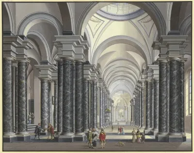 Blick In Das Innere Einer Barockkirche Mit Schwarzen Marmorsaulen Und Staffagefiguren In Der Tracht Des 17 Jahrhunderts 1790
