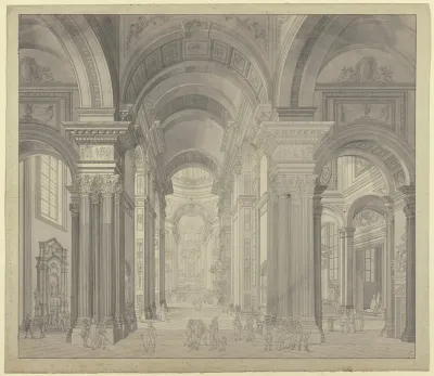 Blick In Das Innere Einer Barockkirche Mit Staffagefiguren In Der Tracht Des 17 Jahrhunderts
