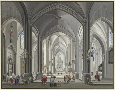 Blick In Das Innere Einer Gotischen Hallenkirche Mit Vielen Staffagefiguren In Der Tracht Des 17 Jahrhunderts Links Liest Ein Priester Die Messe 1790