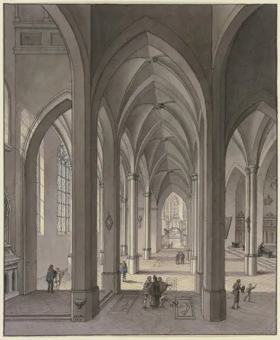 Blick In Den Chor Einer Dreischiffigen Gotischen Hallenkirche Mit Staffagefiguren In Der Tracht Des 17 Jahrhunderts 1819