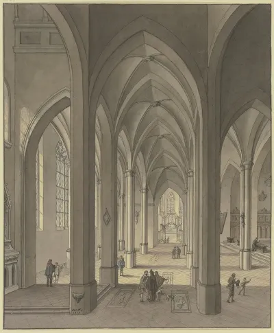 Blick In Den Chor Einer Dreischiffigen Gotischen Hallenkirche Mit Staffagefiguren In Der Tracht Des 17 Jahrhunderts