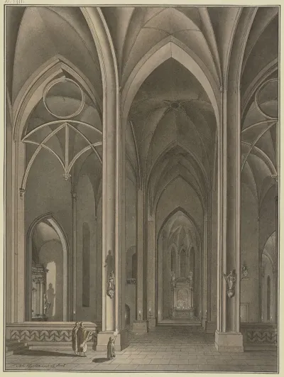 Blick In Die Seitenkapelle Einer Gotischen Kirche In Abendbeleuchtung Im Vordergrund Ein Chorknabe Mit Einer Fackel Und Zwei Priester