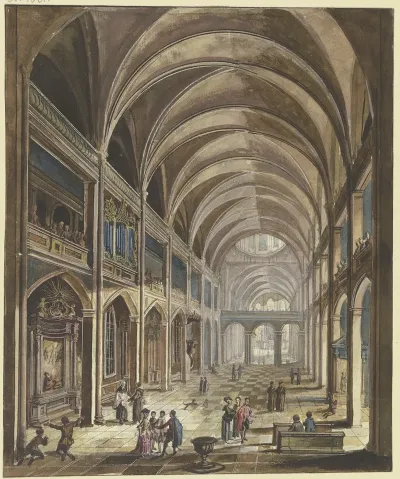 Blick In Ein Kircheninneres Mit Barockausstattung Viele Figuren Als Staffage