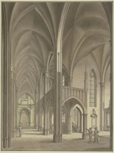 Blick In Eine Gotische Kirche Mit Staffagefiguren In Kostumen Des 17 Jahrhunderts
