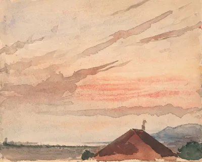 Blick Uber Ein Hausdach Auf Das Nordostende Des Neuenburger Sees Bei Abenddammerung