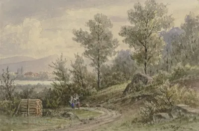 Blick Vom Wald Auf Ein Dorf Und Berge