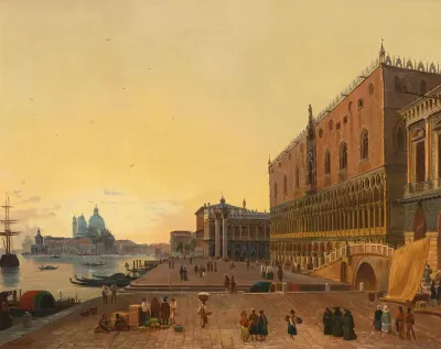 Blick Von Der Riva Degli Schiavoni Uber Den Bacino Di San Marco Auf S Maria Della Salute Bei Sonnenuntergang