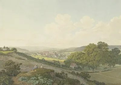 Blick Von Einer Anhohe Auf Das Dorf St Jakob Bei Basel Mit Spitzem Kirchturm