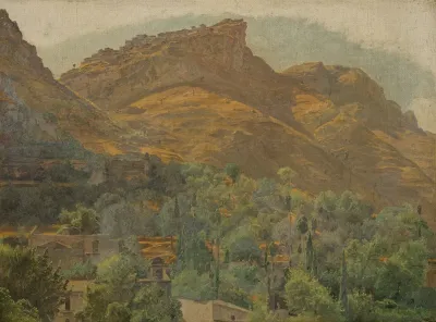 Blick Zur Bergstadt Mola Bei Taormina
