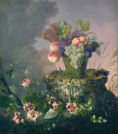 Blomsterkurv Med Frugt Ved En Traestub