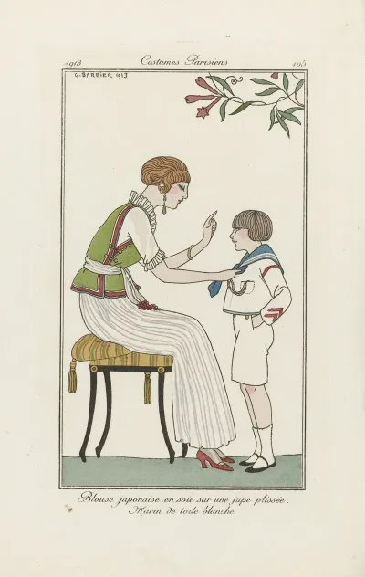 Blouse Japonaise En Soie Sur Une Jupe Plissee Marin De Toile Blanche