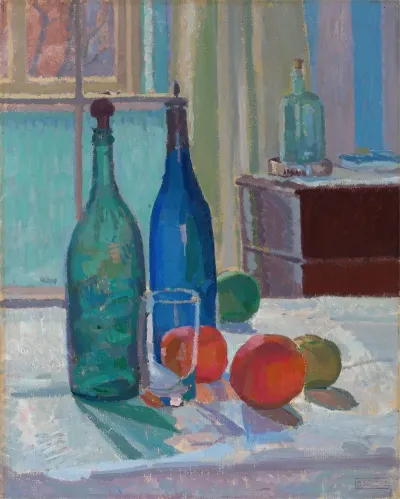 Blue And Green Bottles And Oranges