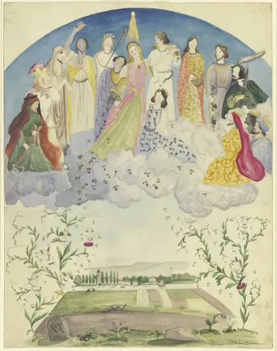 Blumen Uber Eine Landschaft Streuende Und Ausschuttende Flora Umgeben Von Dionysischen Biblischen Und Historischen Gestalten