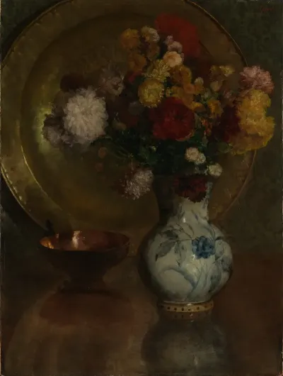 Blumenstilleben Mit Messinggefasen Und Delfter Kanne