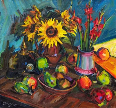 Blumenstilleben Mit Sonnenblumen Gladiolen Und Pickelhelm