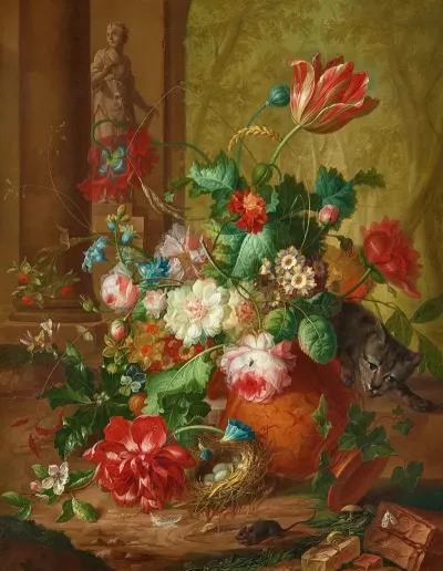 Blumenstillleben Mit Steinskulptur Katze Und Maus